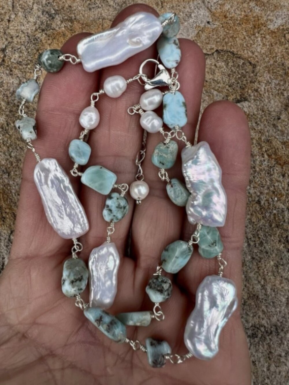 Sundance $188 NEW 19-21" Adj. LARIMAR BIWA PEARL Silver Beaded Handmade Necklace